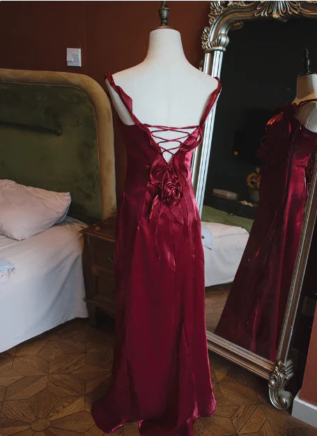 Weitese Dress Spaghetti Straps Elegant Sleeveless Burgundy 3D Flower Back Tie Mermaid Prom Dress